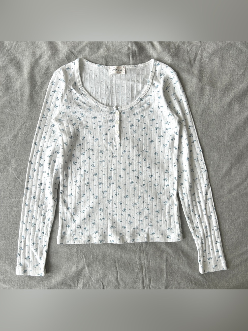 Women's White Floral Ribbed Henley Long Sleeve Top